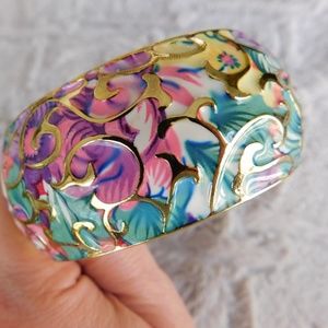 Cuff bracelet, gold, floral, enamel